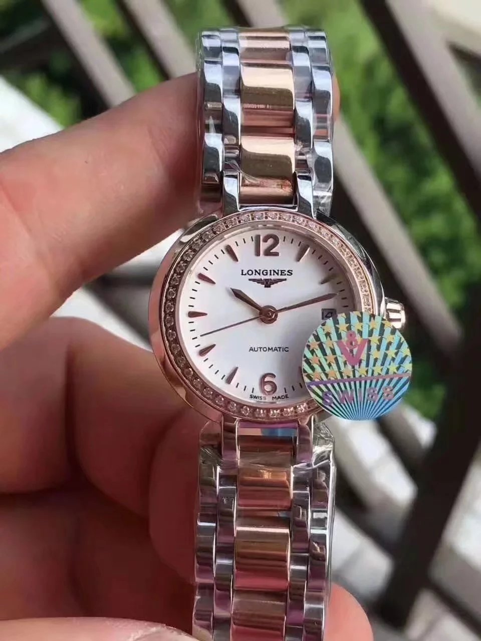 一比一高仿浪琴心月繫列女士鑲鉆機械手錶市場最高版本 玫瑰金￥3380元-高仿浪琴